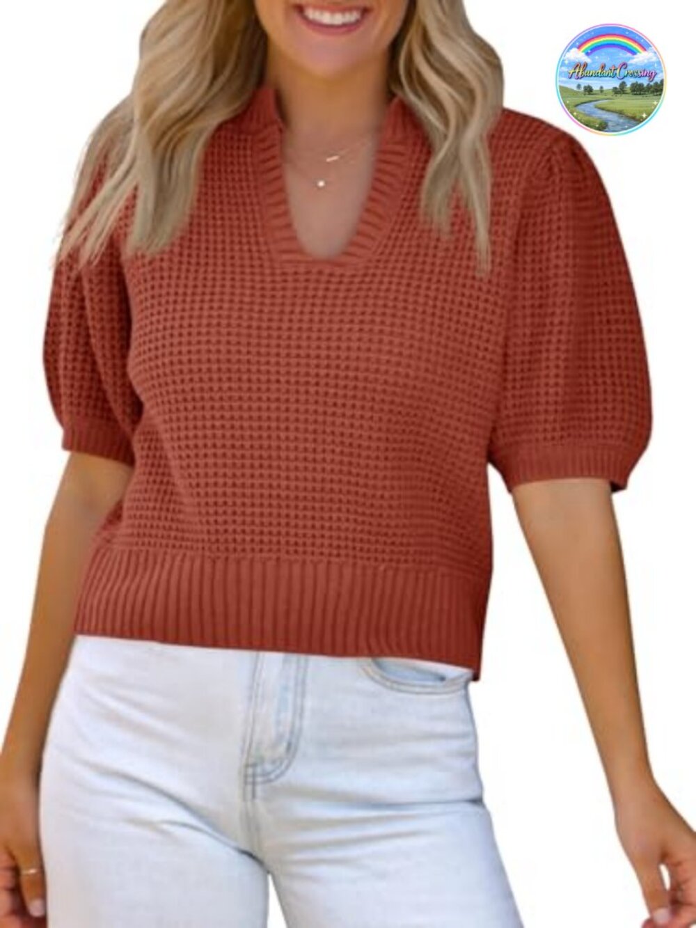Waffle Knit Puff Short Sleeve V Neck Cropped Sweater Top Casual Blouse